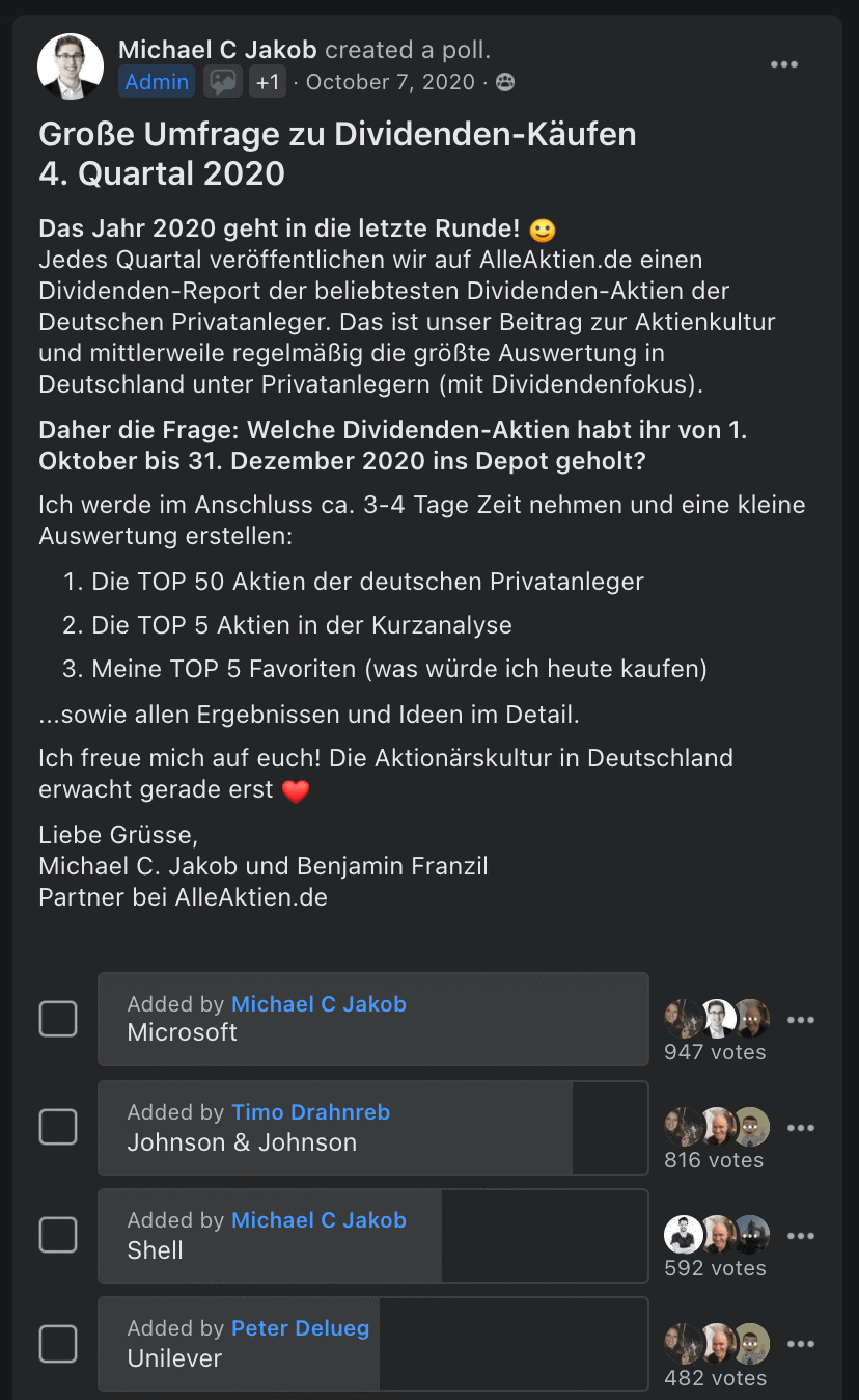 ▲ Meine Umfrage in der Facebook-Gruppe "Dividendenstrategie"