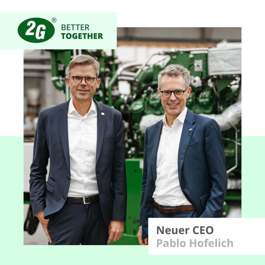 Pablo Hofelich übernahm den Vorstandsvorsitz mit Verantwortung für Strategie, Vertrieb und Service. Er kam im September 2024 als CSO zu 2G, nachdem er viele Jahre internationale Führungspositionen im Maschinen‑ und Anlagenbau bekleidete – unter anderem bei Hitachi Power (für Anlagen über 800 MW) und als CEO von Thyssenkrupp Polysius, wo er erfolgreich die Transformation zu grünen Lösungen vorantrieb.